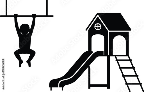 Photography Kids playground silhouette vector set featuring a child hanging on monkey bars a