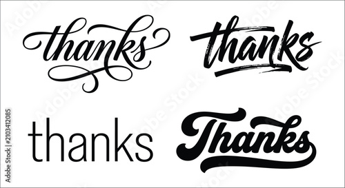 Fotografía Four variations of the word thanks in black brushstroke lettering against a whit