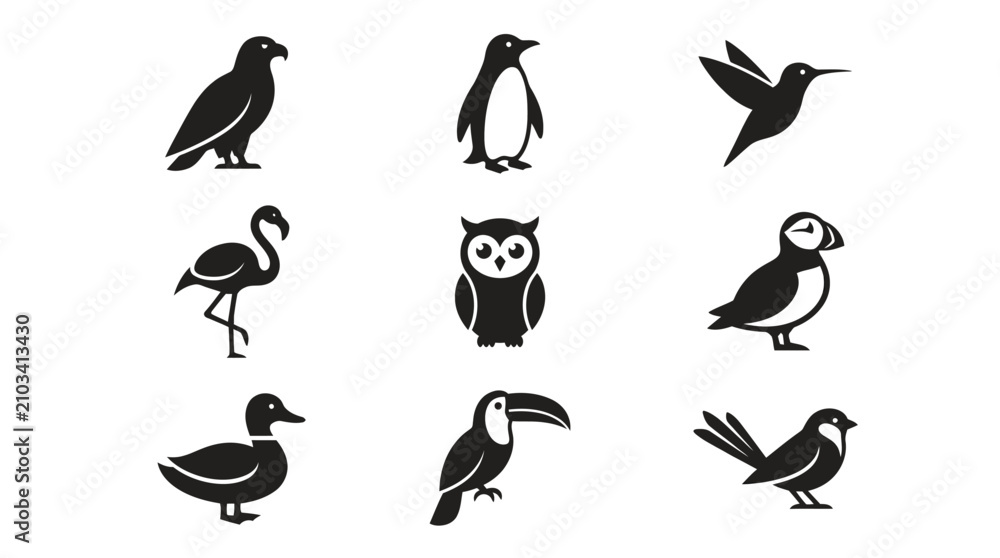 Obraz premium Assorted bird species silhouette icons collection.
