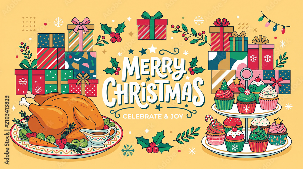 Naklejka premium Vibrant Merry Christmas illustration with turkey and festive gifts perfect for cheerful holiday greeting cards and seasonal event promotions