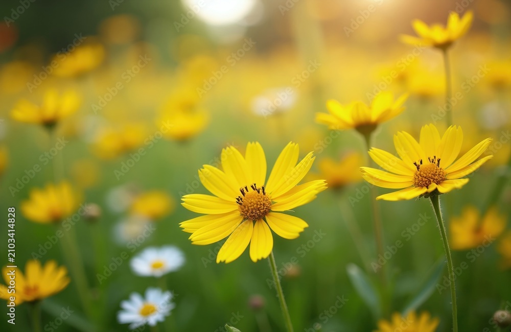 Obraz premium Field of blooming yellow Coreopsis lanceolata flowers. Bright sunlit meadow with green grass and scattered white daisies. Nature backdrop for summer themes.