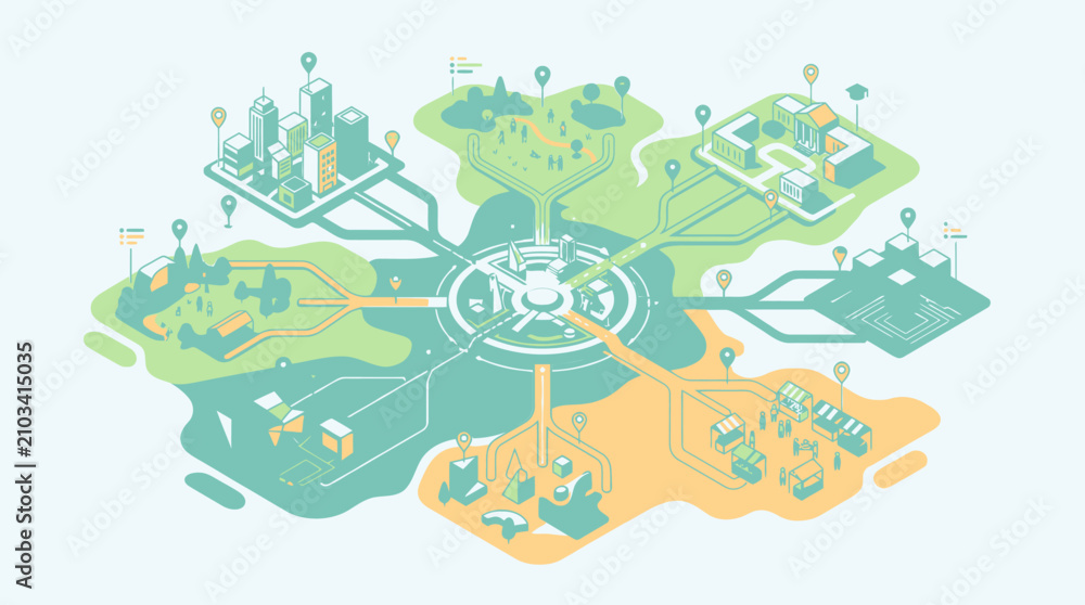 Naklejka premium Isometric smart network illustration connecting urban, rural, and industrial zones to a central hub, global infrastructure, data flow, and integrated systems.