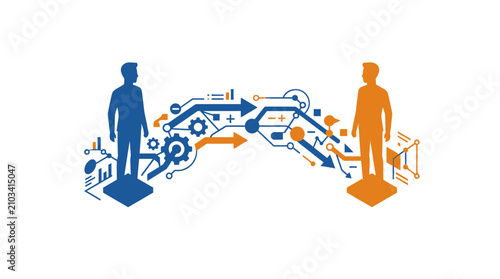 Digital collaboration and communication between two individuals, representing business partnership, data exchange, and technological connectivity.