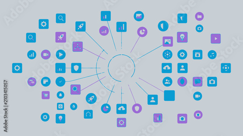 Abstract digital network of interconnected icons representing global technology, data exchange, social media, business processes, and modern communication systems.
