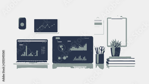 Modern business intelligence workspace with digital devices showing financial data and analytical charts, symbolizing contemporary office productivity and technology.