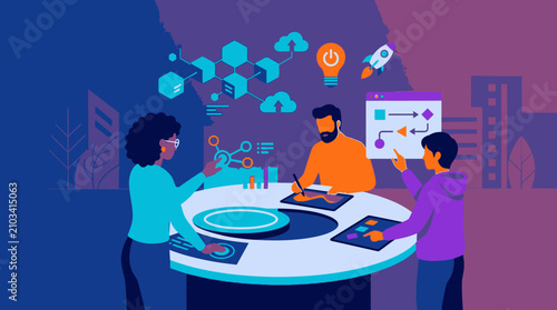 Innovative team collaborating on a futuristic digital project, leveraging augmented reality, blockchain, and cloud technology for strategic development and solutions.