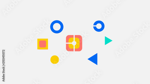 Abstract geometric shapes and icons in bright colors on a white background, representing technology and design