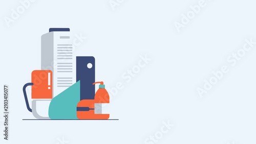 Flat design illustration of office supplies and personal care items, symbolizing organization and hygiene