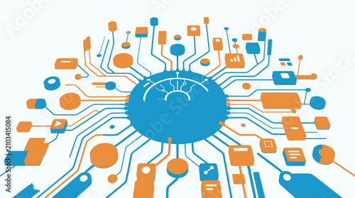 Abstract digital network connecting various technology icons and data visualizations, representing AI and connectivity