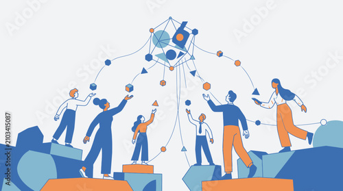 Diverse team collaborating on a complex project, building connections and sharing ideas in a modern abstract illustration.