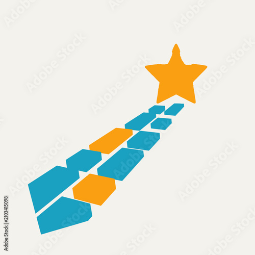 Bright orange star at the end of a stylized blue and orange path, symbolizing success and achievement