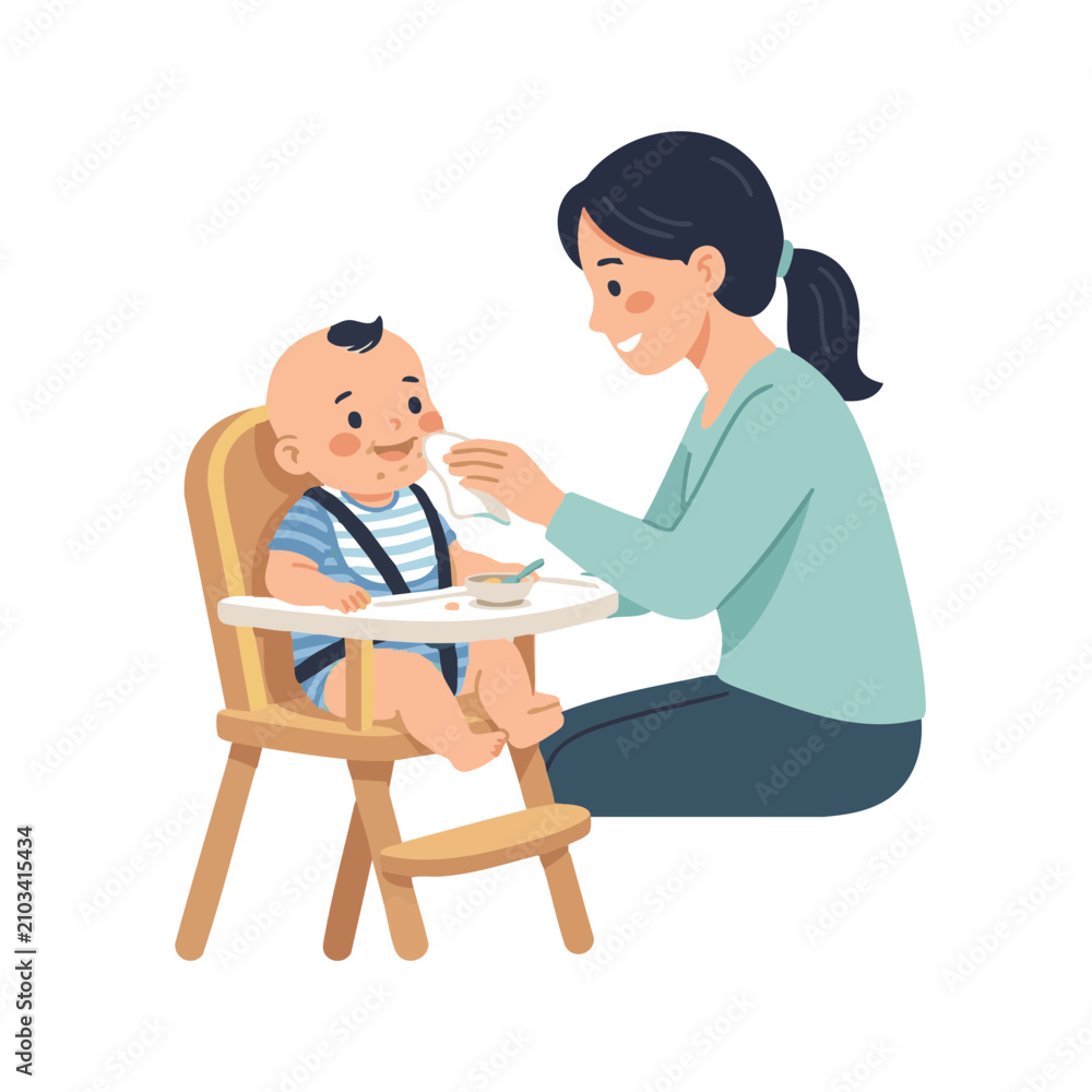 Obraz premium Mom wipes baby's mouth while feeding in a bright kitchen during daytime