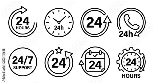 Fotografie Twenty four Hour Service Icons Black Line Art On White Background Representing C