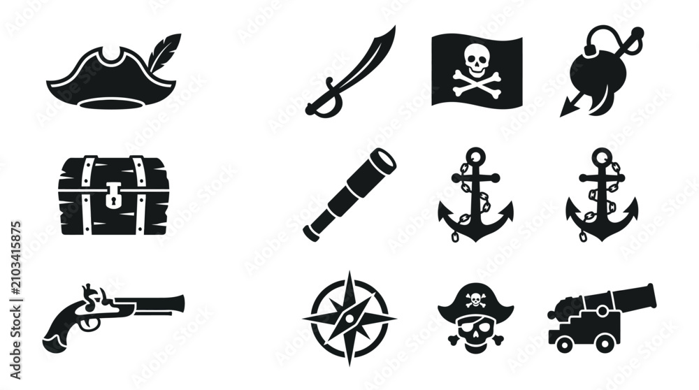 Obraz premium Nautical pirate adventure and maritime seafaring icon set.