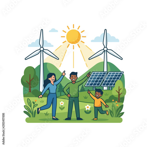 Obraz na plátne Family Embracing Solar and Wind Power in Nature