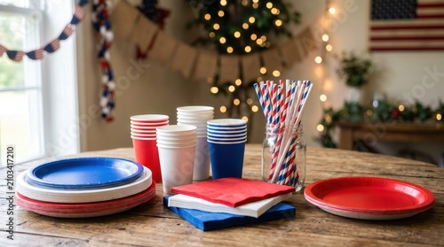 Red White Blue Patriotic Party Supplies on Wooden Table