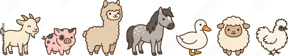 Obraz premium Cute Chibi Style Farm Animals Vector Collection Set Featuring Goat Pig Alpaca Horse Duck Sheep and Chicken