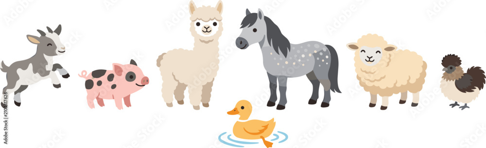 Obraz premium Cute Hand Drawn Farm Animals Collection Set Including Horse Alpaca Sheep Goat Pig Duck and Chicken Vector