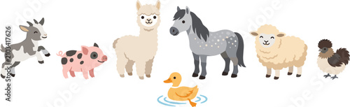 Cuadro en lienzo Cute Hand Drawn Farm Animals Collection Set Including Horse Alpaca Sheep Goat Pi