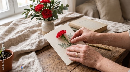 Hands arranging a red carnation flower on a handmade greeting card with a book and plant nearby