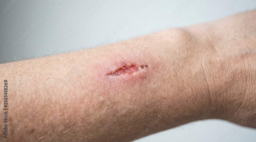 Fototapeta premium A close-up shot of a wound on a person's arm. The wound appears to be a cut or abrasion with some redness and minor bleeding