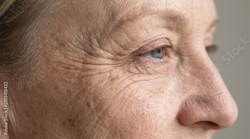 Close up of a senior woman's wrinkled eye and cheek, showing the passage of time and the natural aging process. The detailed texture highlights the lines and age spots on her skin.