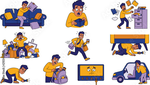 Фотография Frustrated Man Losing and Searching for Things Icon Set with Empty Wallet, Messy