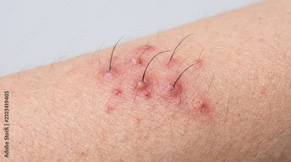 Fototapeta premium Close-up of a person's arm showing a cluster of pimples and hairs. The skin appears red and inflamed around the bumps