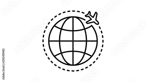 Minimalist line icon of a global airplane travel route.