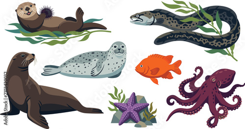 Tableau sur toile Kelp Forest Marine Wildlife and Ocean Animals Vector Illustration Set Featuring