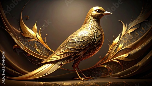 Digital artwork of a golden bird with intricate details, set against an ornate, dark background