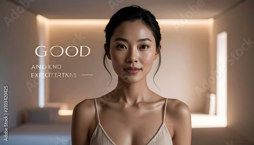 Asian woman in a soft-lit, minimalist room, text overlay 