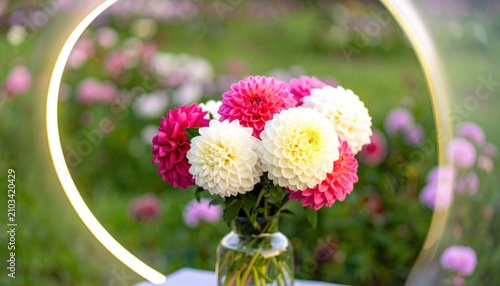 Close-up of a vibrant bouquet of pink and white flowers against a soft blurred garden