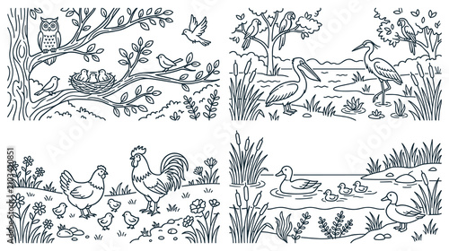 Foto Four nature scenes with birds and wetland animals.