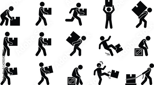 Manual Material Handling and Warehouse Worker Stick Figure Icon Set with Carrying, Lifting, Tripping Accidents, and Heavy Load Transport Vector