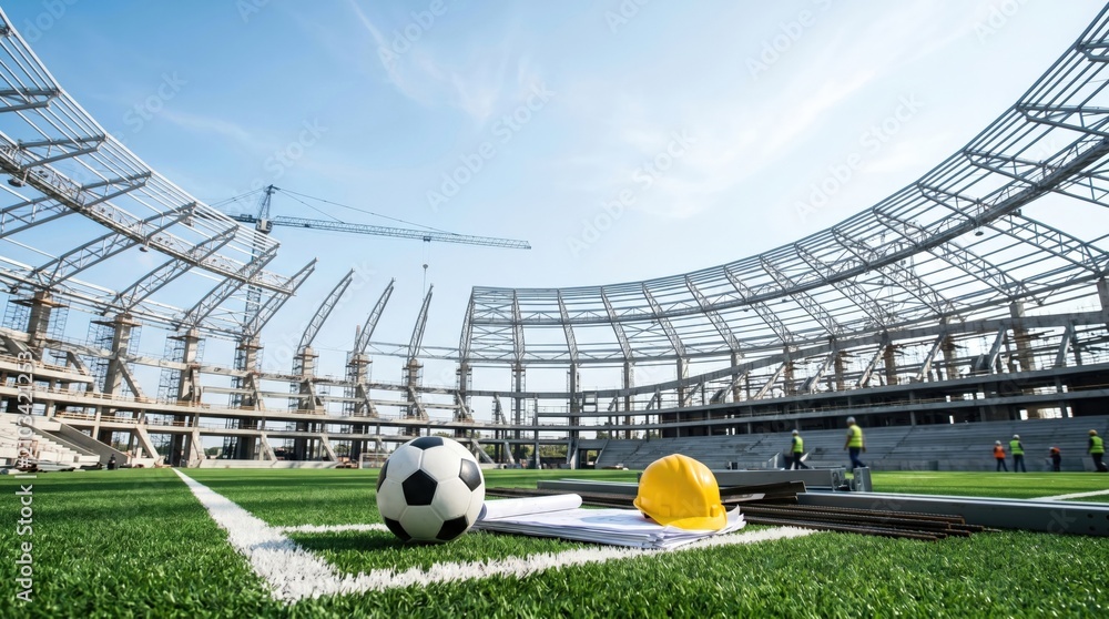 Fototapeta premium Soccer Stadium Construction Project with Ball and Hard Hat on Pitch, Architectural Planning and Sports Infrastructure Development Concept