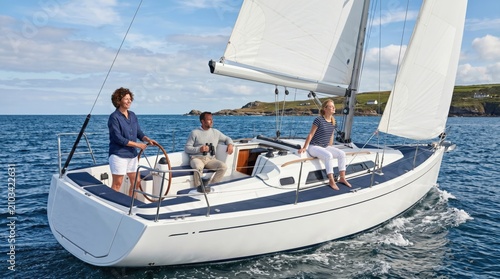 Three diverse adults enjoying a luxury sailing vacation on a modern yacht in the ocean, representing leisure travel, nautical lifestyle, and maritime adventure concepts
