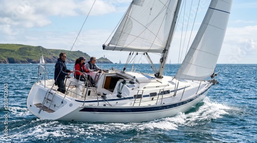 Three friends sailing a modern yacht on the ocean, active lifestyle of a mature man and woman enjoying a summer leisure cruise on a sailboat, nautical adventure concept