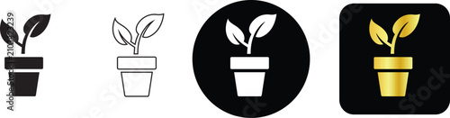 Growing potted plant leaf icon set in minimalist black line and premium golden style