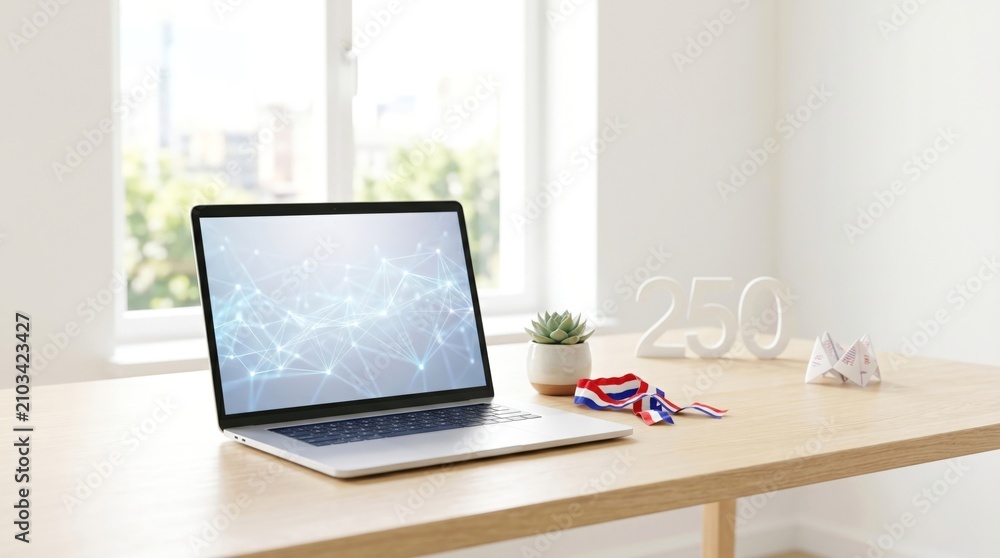 Naklejka premium Laptop with digital network screen on desk with 250 milestone sign and ribbon celebrating business growth achievement or reaching a quarter thousand goal in modern office