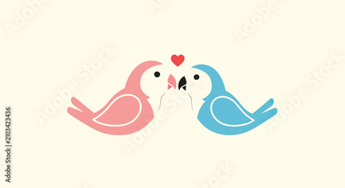 Obraz na plátně Pair of kissing lovebirds with red heart.