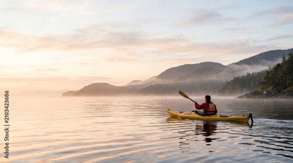 Fototapeta premium Solo male kayaker paddling yellow kayak on calm misty ocean water at sunrise, serene wilderness adventure concept, peaceful morning outdoor recreation activity