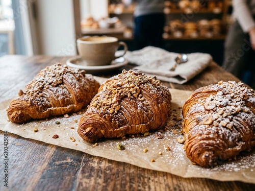 Fresh Nut Croissants with Coffee in Cozy Bakery Cafe