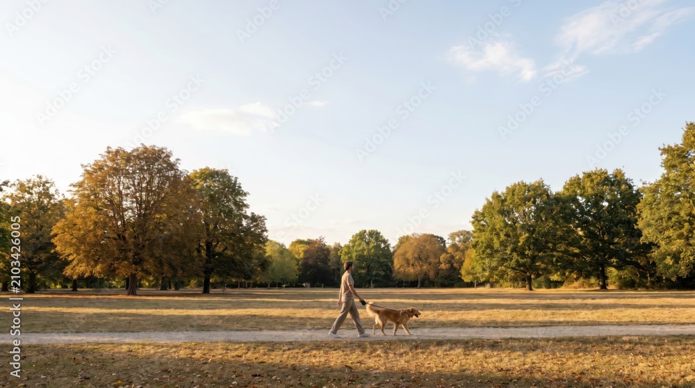 Fototapeta premium Young man walking golden retriever dog on leash in autumn park at sunset, peaceful lifestyle activity, outdoor leisure time in nature, golden hour scenery, companionship concept