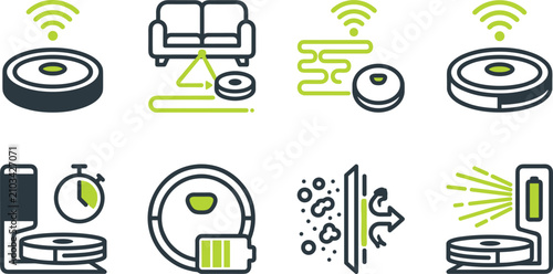 Smart Robot Vacuum Cleaner Icon Set with Wireless Home Automation, Charging Station, Hepa Filter, and Battery Indicators Vector