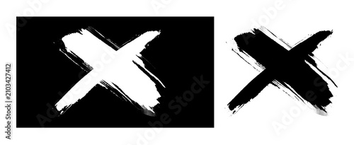 Tableau sur toile Black rectangular frame with cross cutout and separate brush stroke symbol