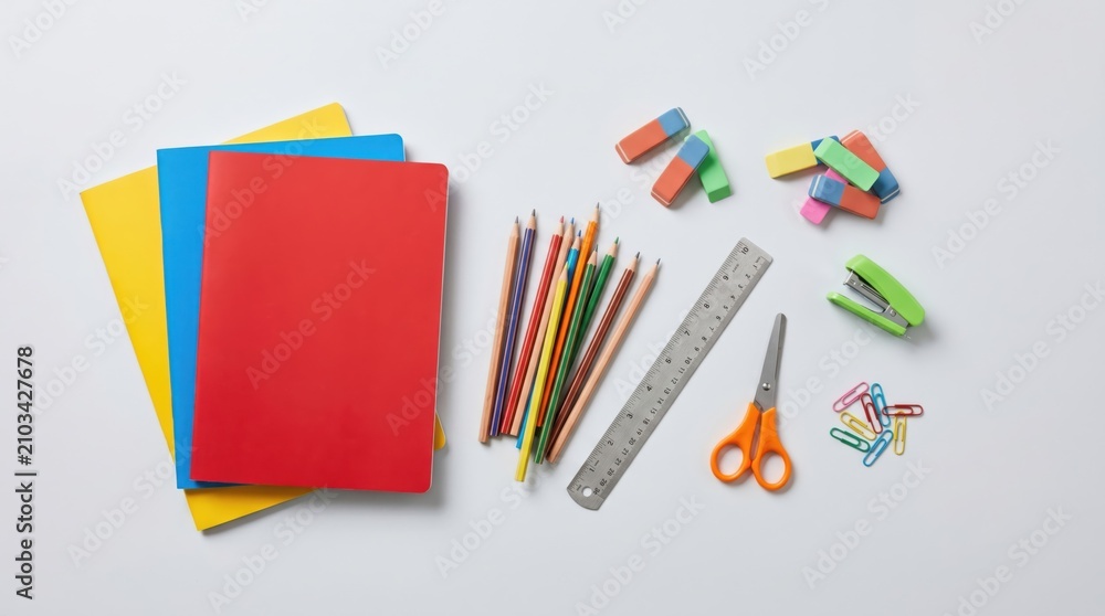 Fototapeta premium Flat Lay School Supplies Set with Colorful Notebooks Pencils and Stationery Accessories on White Background for Education Back to School Concept