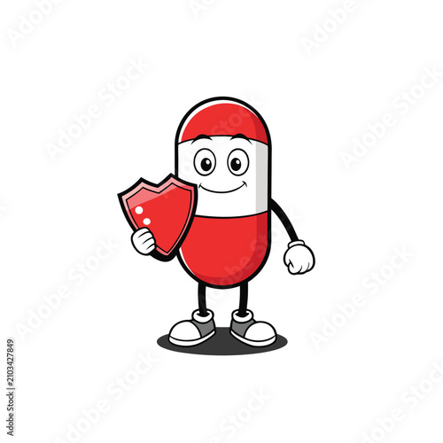 Medical pill mascot holding heart shaped shield guard.
