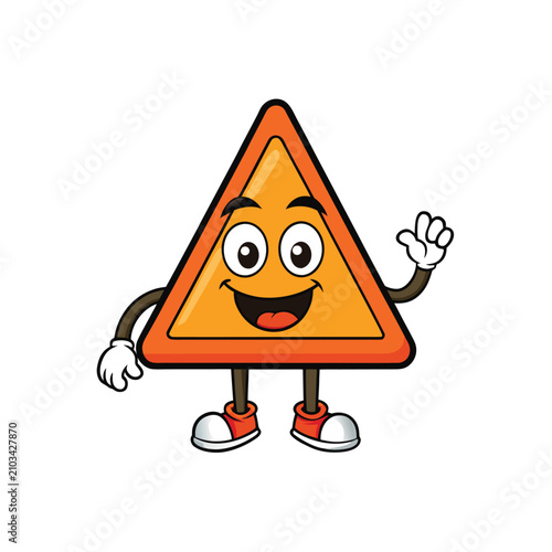 Triangle road sign mascot waving with happy emotions.
