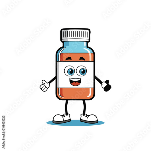 Cartoon medicine bottle character for pharmacy health.